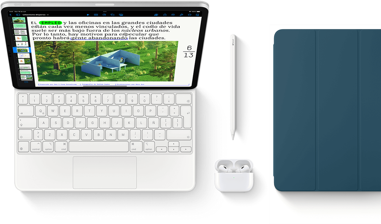 Smart Keyboard Folio, Apple Pencil, AirPods Pro y cubierta azul mar para el iPad.